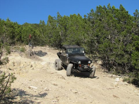 1995 Ford Bronco - A black Jeep Wrangler navigates a challenging off-road trail with dense trees and rocky terrain.