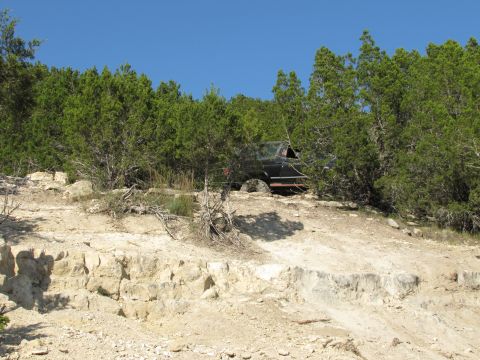 1995 Ford Bronco - A black SUV is parked on a dirt path surrounded by trees and rocks under a clear blue sky.