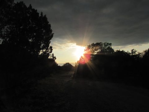 1995 Ford Bronco - The sun breaks through dark clouds, casting rays over a rural dirt road surrounded by trees.