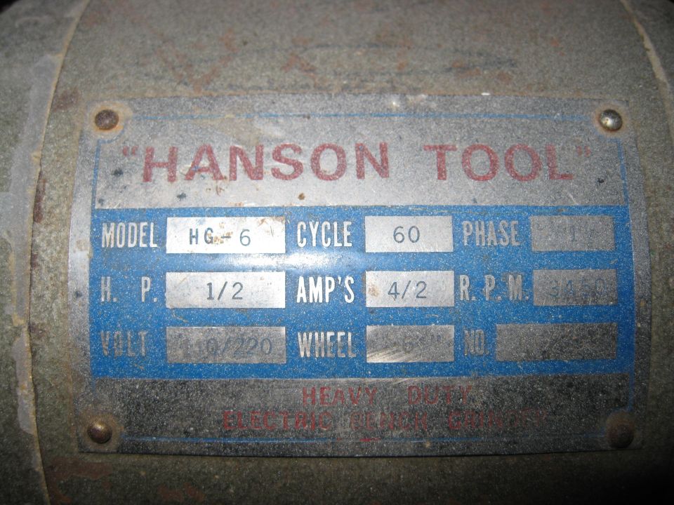 Hanson Tool bench grinder ID nameplate showing model and electrical specs