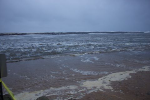 1990 Ford Bronco - The ocean is rough with foamy waves rolling onto the shore under an overcast sky.