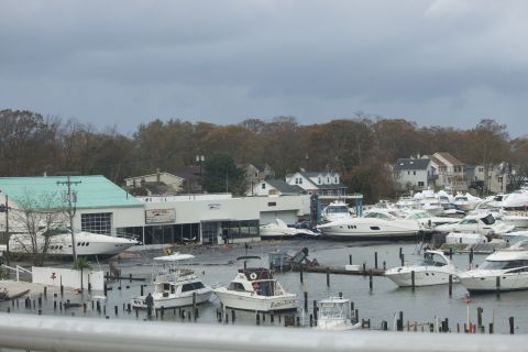 1990 Ford Bronco - A harbor filled with numerous boats is seen with buildings and trees lining the shore under an overcast sky.