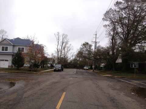 1990 Ford Bronco - A dark pickup truck is parked on a street littered with fallen trees and debris, indicating the aftermath of a storm.