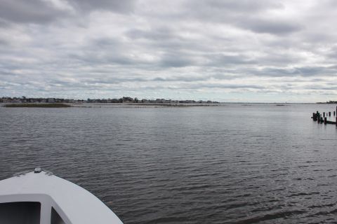 1990 Ford Bronco - View from a boat's bow on a cloudy day, looking towards a distant shoreline with buildings.