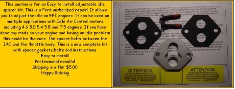 1988 Ford Bronco - An auction listing graphic for an adjustable idle spacer kit for Ford EFI engines, with yellow sales copy on the left describing a Ford-aut…