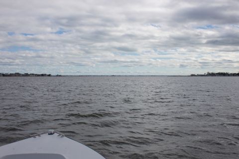 1990 Ford Bronco - View from a boat moving across a body of water towards a distant coastline.