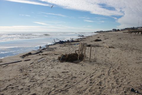 1990 Ford Bronco - Debris litters the sandy shore of a beach, with the ocean and a distant town visible under a bright sky.