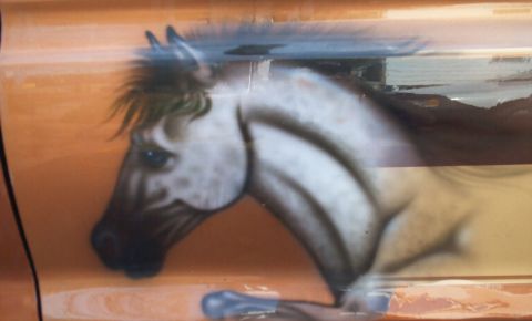 1978 Ford Bronco - Airbrushed horse graphic on an orange vehicle panel, with a Supermotors.net watermark.