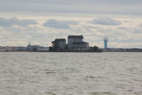 1990 Ford Bronco - A view of houses and a water tower across a body of water on an overcast day.