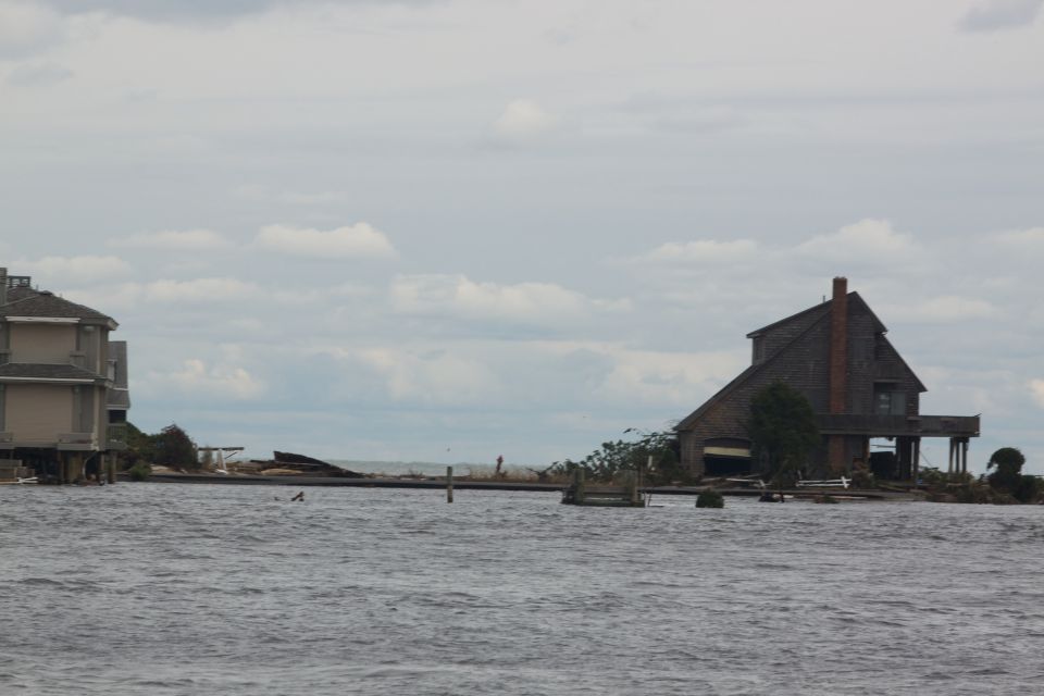 Flooded houses and debris in the aftermath of a storm
