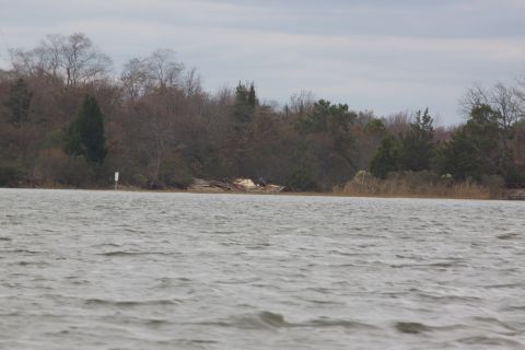 1990 Ford Bronco - A wide shot shows a body of water in the foreground with a tree-lined shore and debris in the distance.