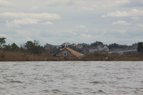 1990 Ford Bronco - Flooded houses and vegetation are visible behind choppy water under a cloudy sky.