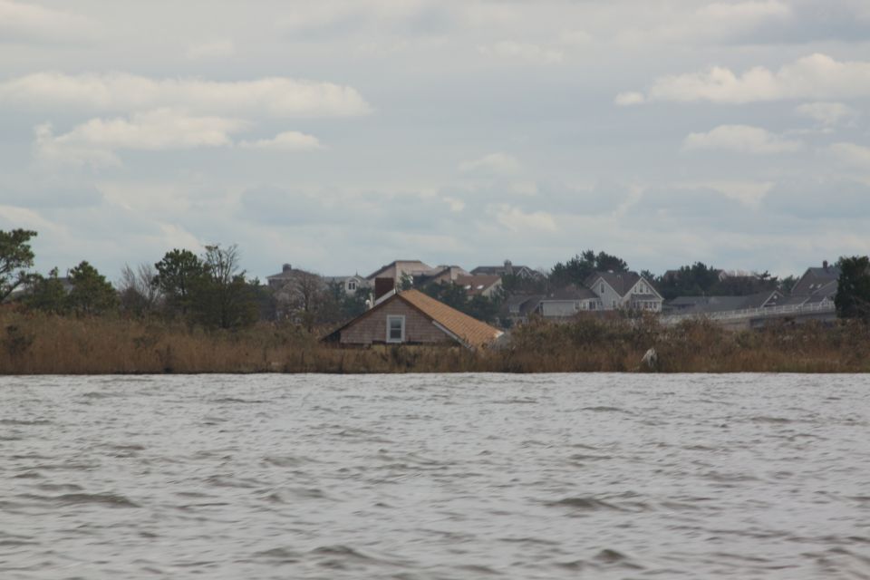Flooded houses and vegetation on a cloudy day, with choppy water in the foreground