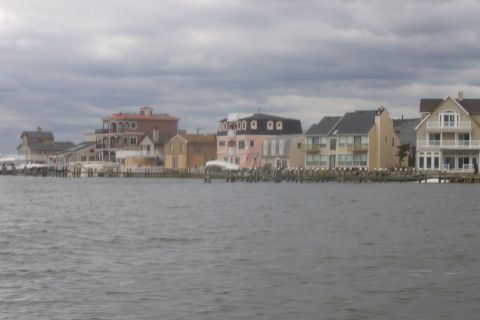 1990 Ford Bronco - A row of houses lines the waterfront under a cloudy sky.