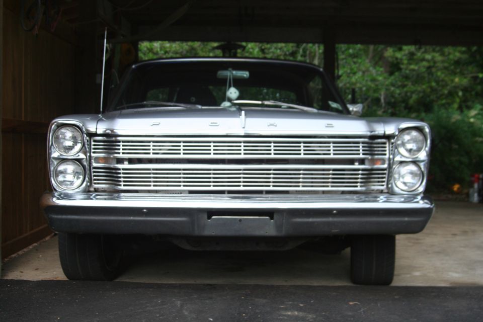 1966 Ford Galaxie front view, showing horizontal grille and stacked headlights