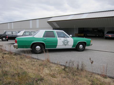 1991 Ford LTD Crown Victoria - A green and white Ford Crown Victoria, likely a police or sheriff's vehicle, is parked next to a building with other cars visible.