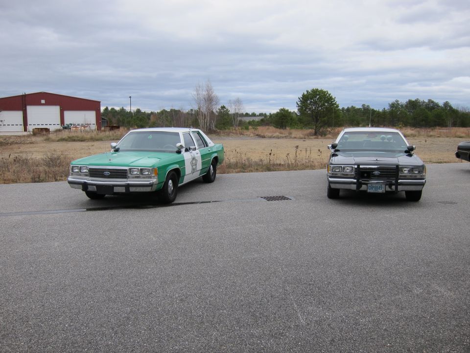 Two police cars parked side-by-side on asphalt, one green and white, one black. Building in background