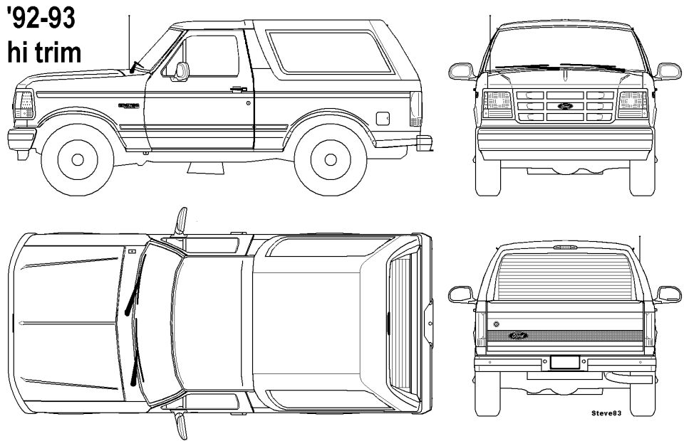Bronco Line Drawing '92-93 Hi-Trim
Click the image to make sure you have the largest (original) version, save it, then open & edit it as a bitmap (.BMP) to try various color patterns & modifications (lift, bumper, roof rack, etc.).

GO TO THE NEXT PAGE...