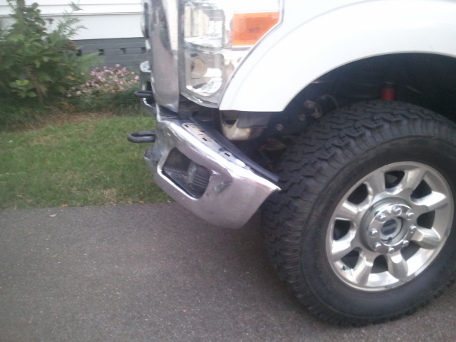 Front corner of a white 2011 Ford F-250 Super Duty truck, showing the headlight, bumper, and wheel
