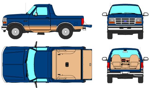 1983 Ford Bronco - This diagram displays a blue pickup truck from multiple angles, including side, front, top, and rear perspectives.