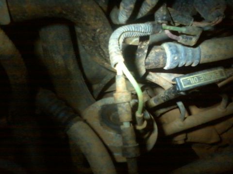 1993 Ford F-150 - Close-up of an engine oil dipstick and surrounding engine parts, showing rust and wiring.
