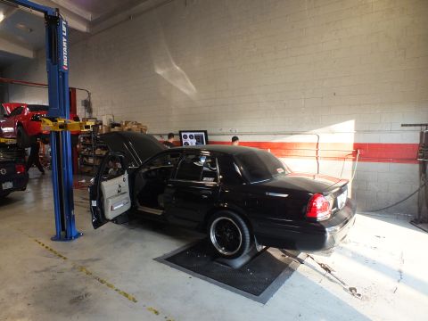 2003 Ford Crown Victoria - Black sedan on dyno rollers with door open, a red Mustang raised on a lift in the background