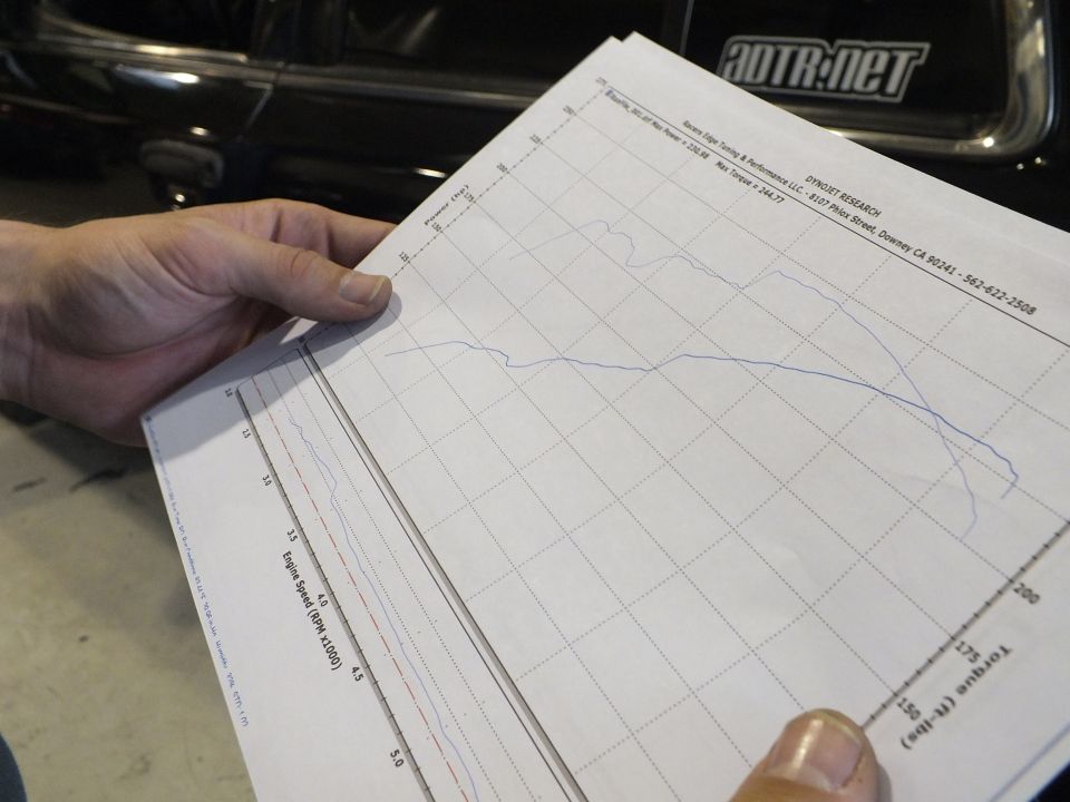 Hand holding a dyno graph printout with a single power curve
