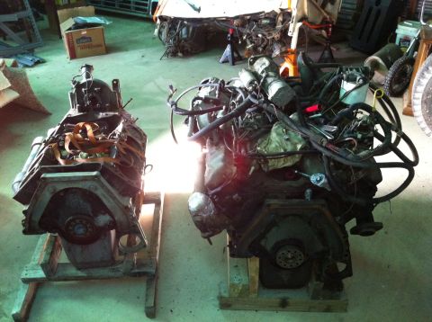 1986 Ford Bronco - Two V8 engines are displayed on wooden stands in a workshop setting, with one engine secured by orange straps.