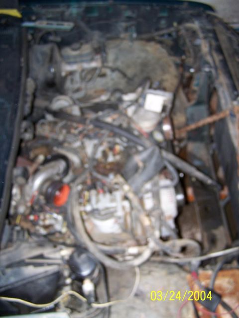 1986 Ford Bronco - The engine bay of a vehicle is shown, with numerous hoses, wires, and engine parts visible.