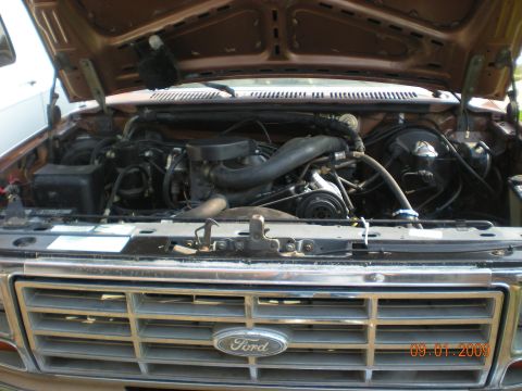 1986 Ford Bronco - The engine compartment of a Ford truck is shown with the hood raised, revealing the engine and surrounding components.