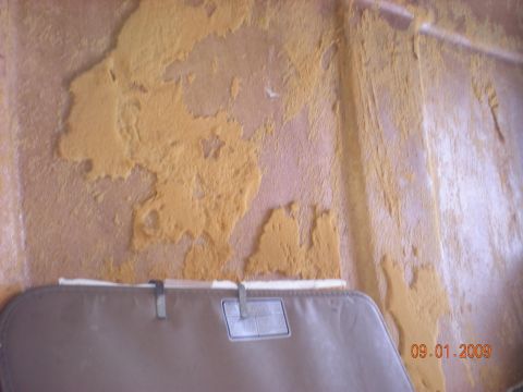 1986 Ford Bronco - The headliner in this vehicle is severely deteriorated, with foam exposed and peeling away from the backing.