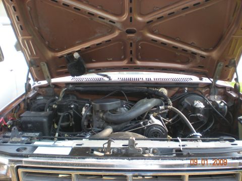 1986 Ford Bronco - The engine bay of a brown truck from the 1980s is visible with the hood raised.