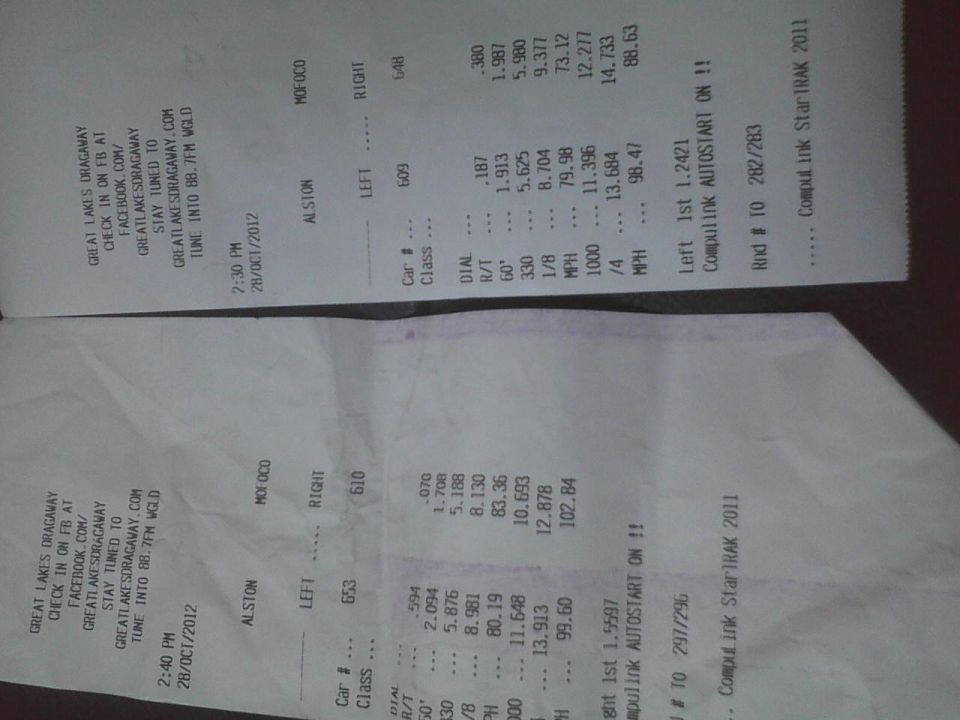 Two drag strip time slips from Great Lakes Dragaway on 28/Oct/2012, showing car numbers, dial times, and speeds