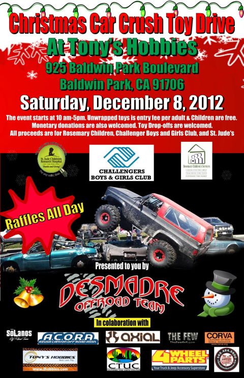 1986 Ford Bronco - Monster trucks dominate the scene at the Christmas Car Crush Toy Drive event, crushing vehicles as part of the festivities.