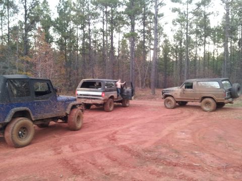 1986 Ford Bronco - A group of off-road vehicles are gathered on a dirt track surrounded by trees.