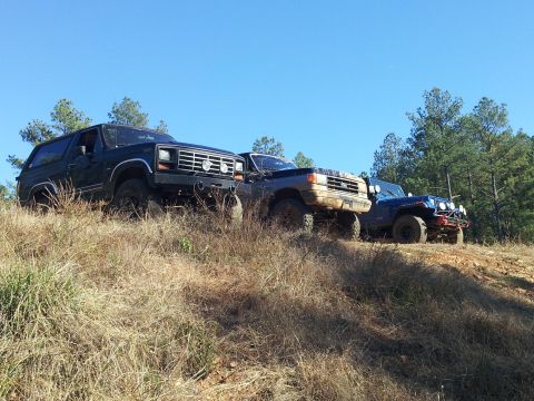 1986 Ford Bronco - Three SUVs are parked on a grassy incline under a clear blue sky.