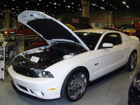2007 Ford Mustang - A white 2010 Ford Mustang 5.0 is displayed with its hood open at a car show, revealing the engine and custom chrome wheels.