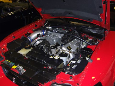 2007 Ford Mustang - The engine bay of a red 2004 Ford Mustang, equipped with a supercharger and V8 engine, is displayed with the hood open.