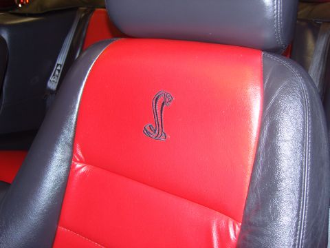 2007 Ford Mustang - Interior shot of a red and black leather car seat an embroidered cobra logo, likely from a 2007 Ford Mustang.