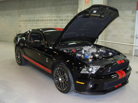 2007 Ford Mustang - A black Ford Mustang Shelby GT500 is displayed with its hood open, revealing the engine compartment.