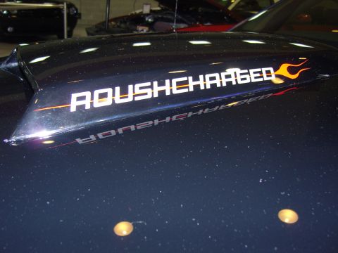 2007 Ford Mustang - Close-up of a car's hood scoop with Roush branding, reflecting light and other vehicles.