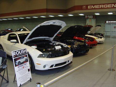 2007 Ford Mustang - Several Mustangs are displayed with their hoods open, their engines at an indoor event.