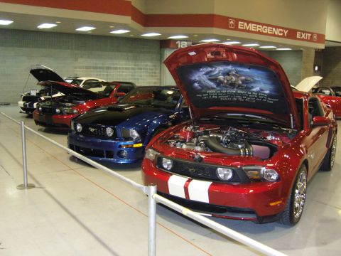 2007 Ford Mustang - Multiple Ford Mustangs are displayed with their hoods open at an indoor car show.