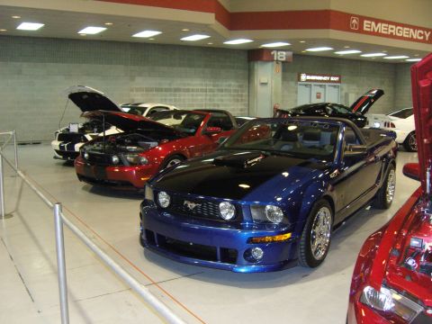 2007 Ford Mustang - Several Ford Mustangs are on display at a car show, including a blue convertible in the foreground.