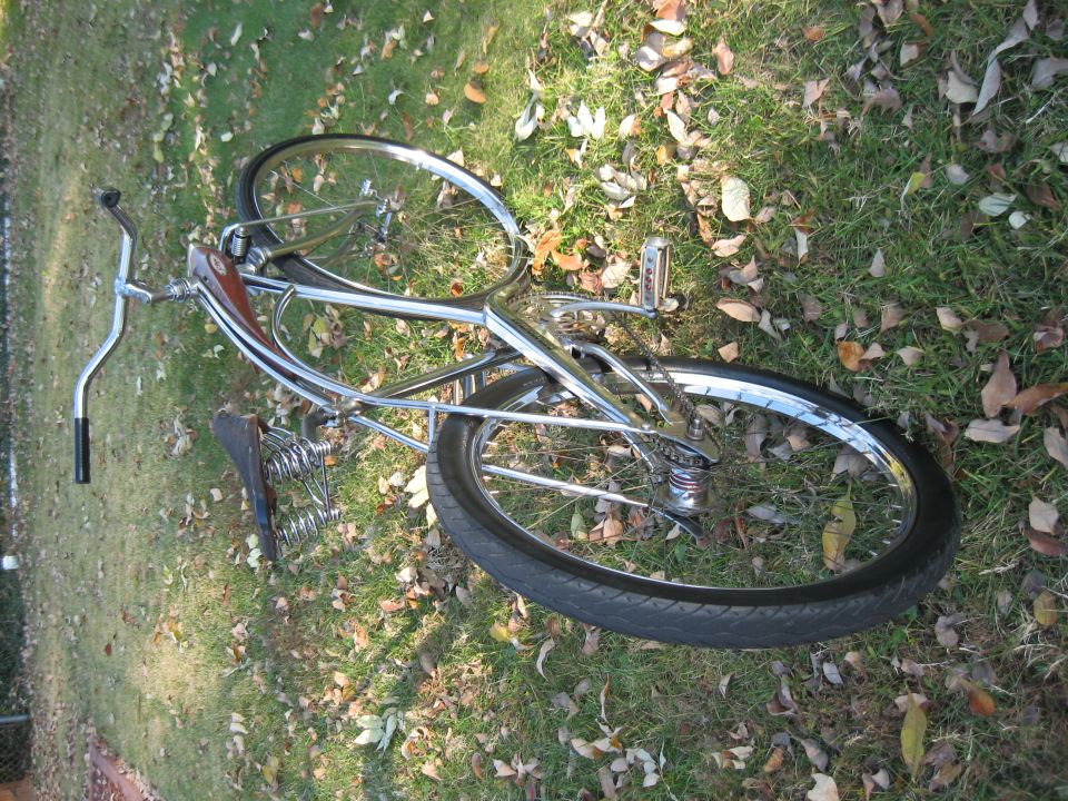 Chrome cruiser bicycle lying on grass with fallen leaves