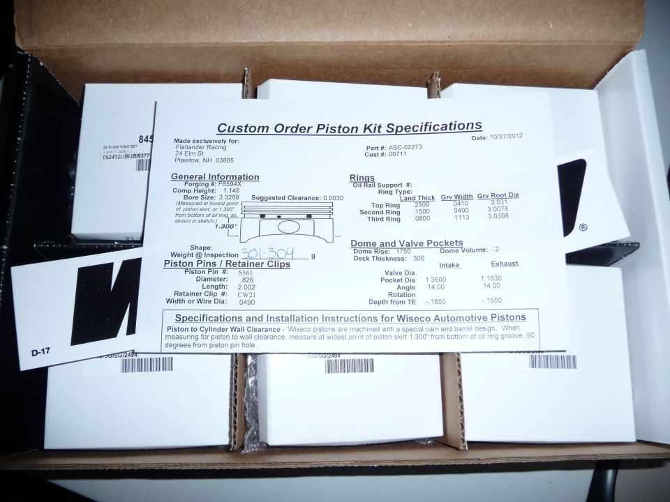 Wiseco custom order piston kit spec sheet for Flatlander Racing, part ASC-02273, in open box