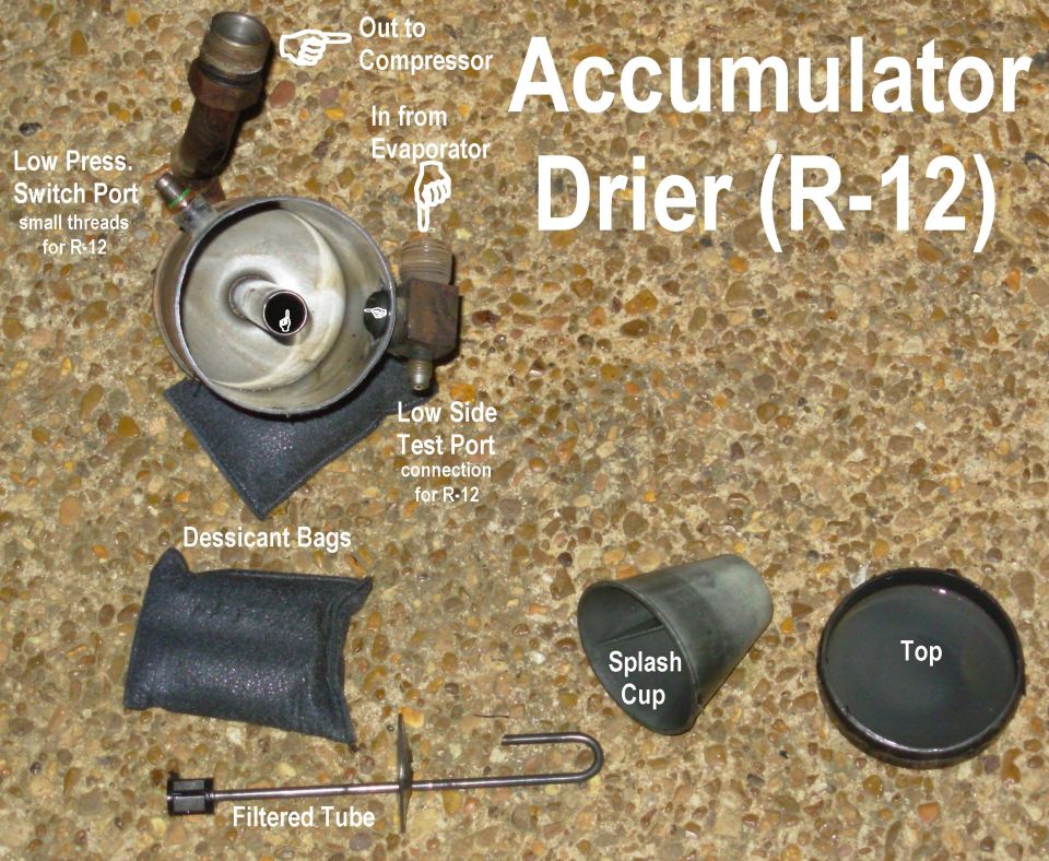 Disassembled R-12 A/C accumulator drier with labeled parts on concrete