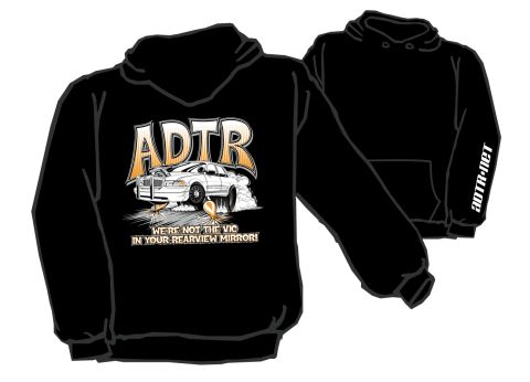 1998 Ford Crown Victoria - black pullover hoodie mockup with ADTR cartoon car artwork and a sleeve print reading ADTR.net.