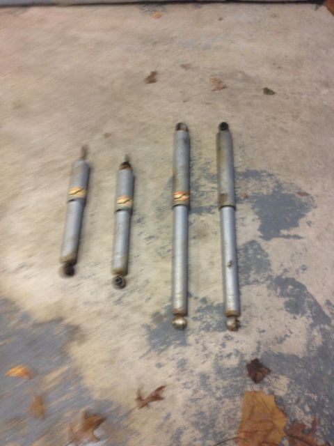 1996 Ford F-150 - Four shock absorbers of varying lengths are laid out on a concrete surface with scattered leaves.