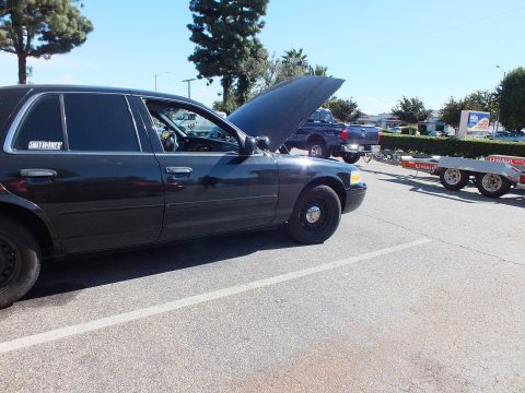 2003 Ford Crown Victoria - Black sedan with hood up in a parking lot, U-Haul auto trailer and pickup parked nearby.